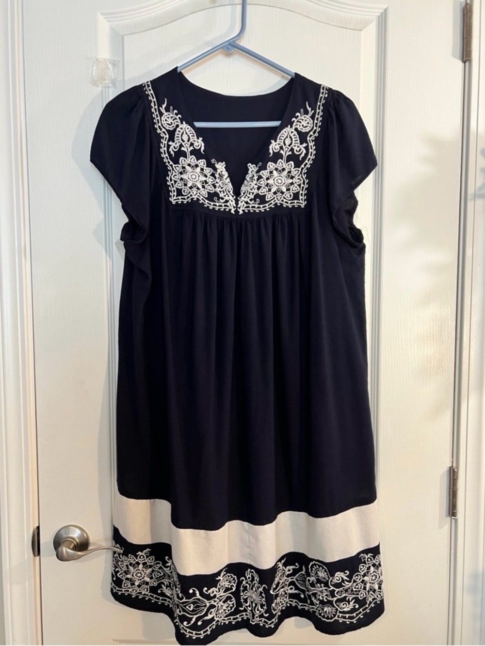 Black Mini Dress with White Embroidered Yoke and Hem